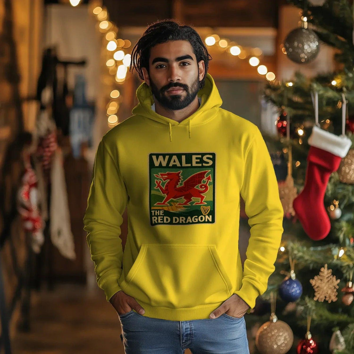 Welsh Dragon Hoodie - Red Badge Pouch Unisex Streetwear - Celtic Wolfwear