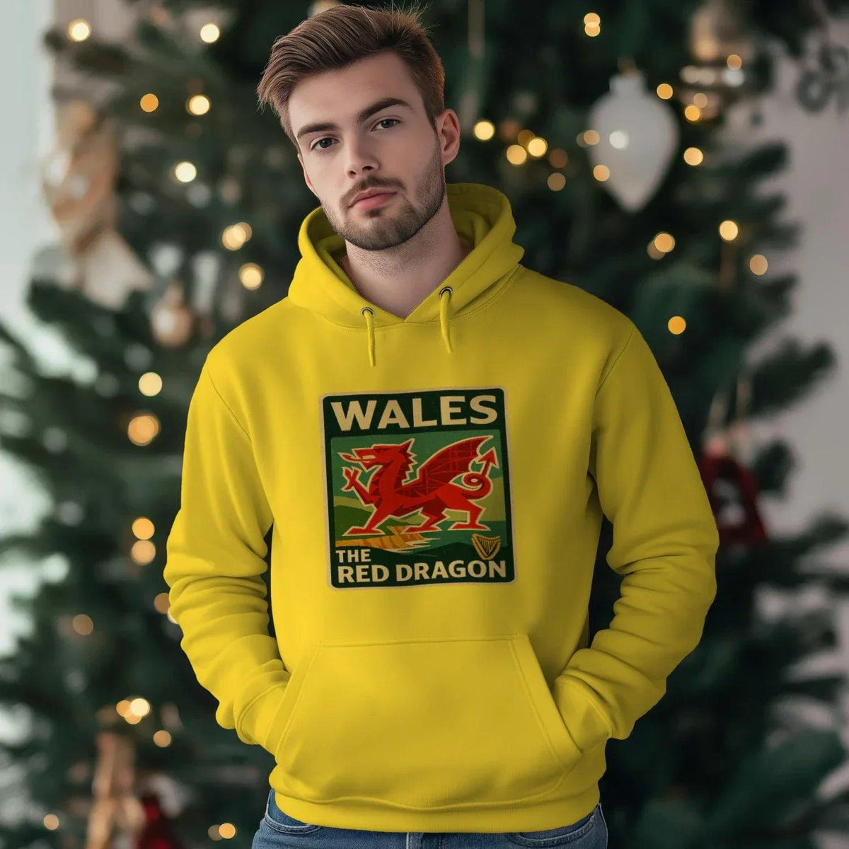 Welsh Dragon Hoodie - Red Badge Pouch Unisex Streetwear - Celtic Wolfwear
