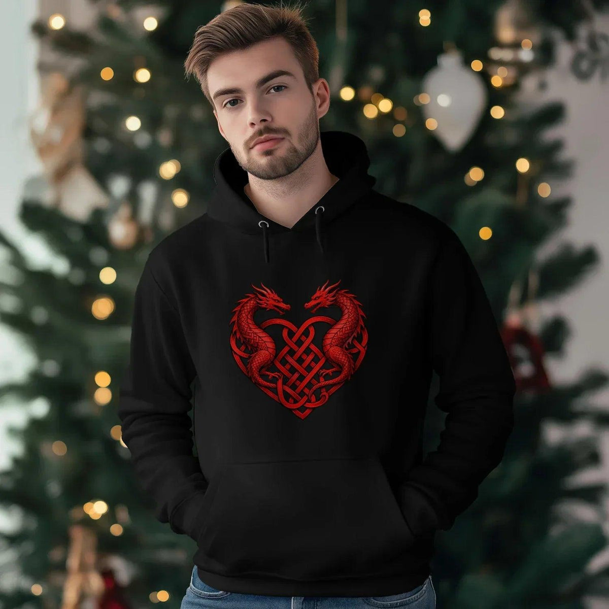 Welsh Dragon Hoodie - Red Heart Emblem Drawstring Unisex - Celtic Wolfwear