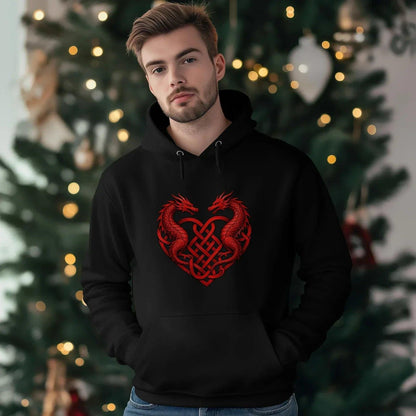 Welsh Dragon Hoodie - Red Heart Emblem Drawstring Unisex - Celtic Wolfwear