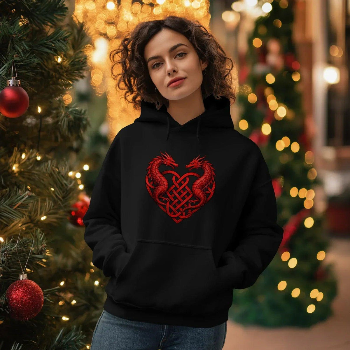 Welsh Dragon Hoodie - Red Heart Emblem Drawstring Unisex - Celtic Wolfwear