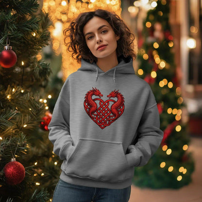 Welsh Dragon Hoodie - Red Heart Emblem Drawstring Unisex - Celtic Wolfwear