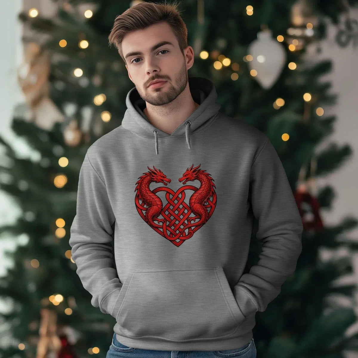 Welsh Dragon Hoodie - Red Heart Emblem Drawstring Unisex - Celtic Wolfwear
