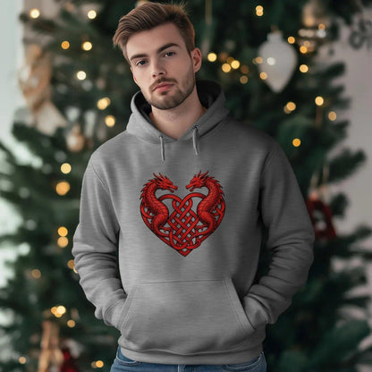 Welsh Dragon Hoodie - Red Heart Emblem Drawstring Unisex - Celtic Wolfwear