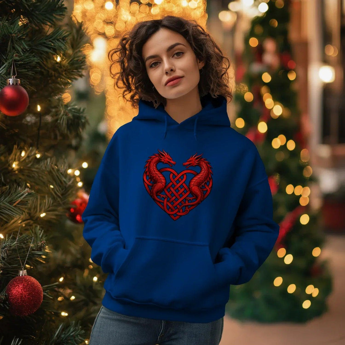 Welsh Dragon Hoodie - Red Heart Emblem Drawstring Unisex - Celtic Wolfwear
