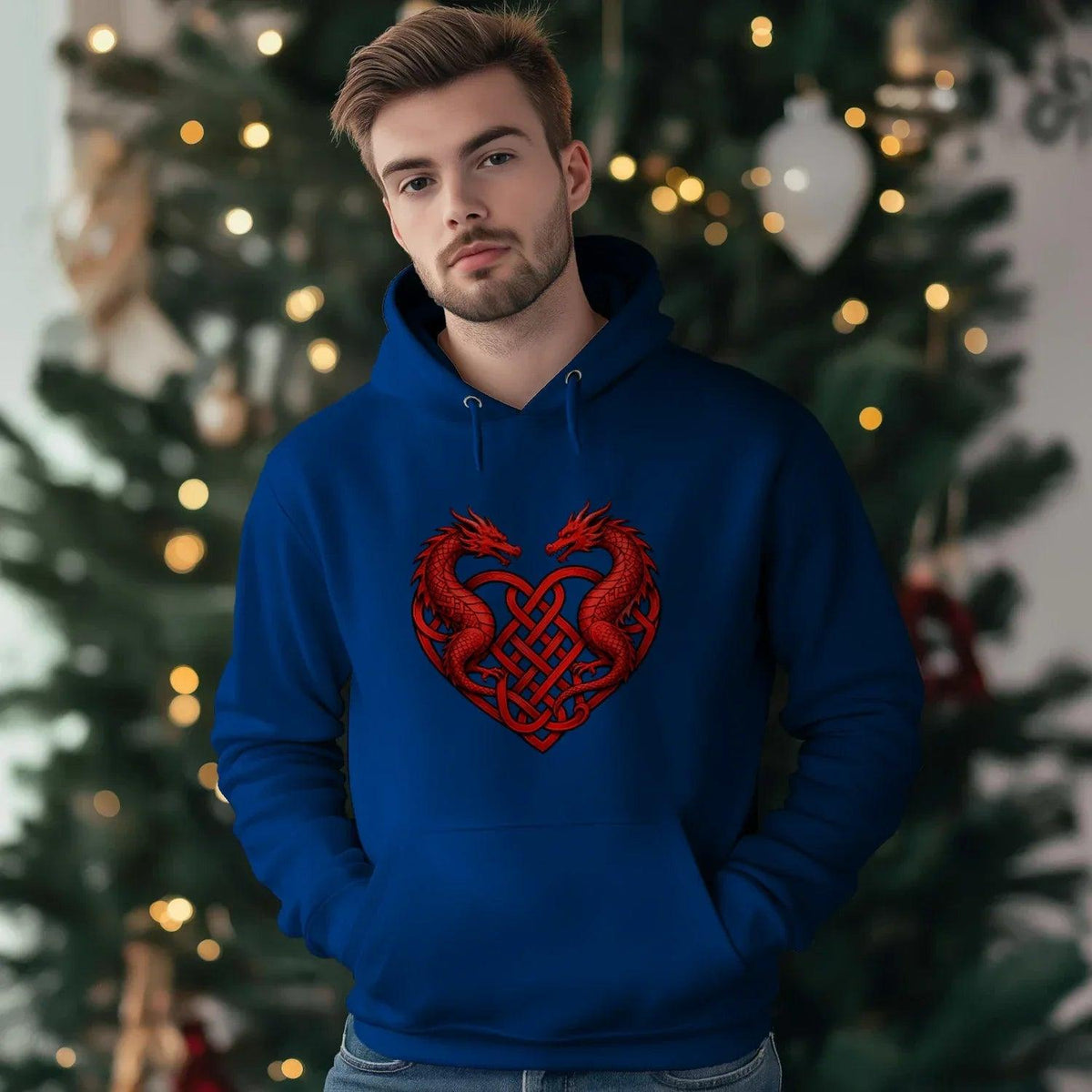 Welsh Dragon Hoodie - Red Heart Emblem Drawstring Unisex - Celtic Wolfwear