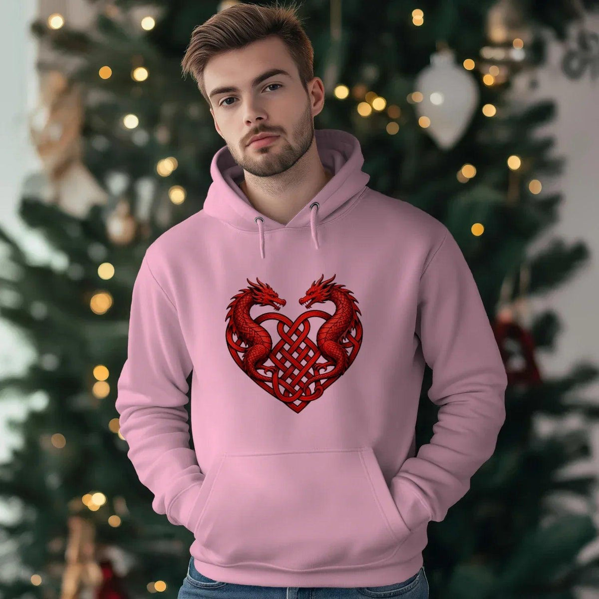 Welsh Dragon Hoodie - Red Heart Emblem Drawstring Unisex - Celtic Wolfwear
