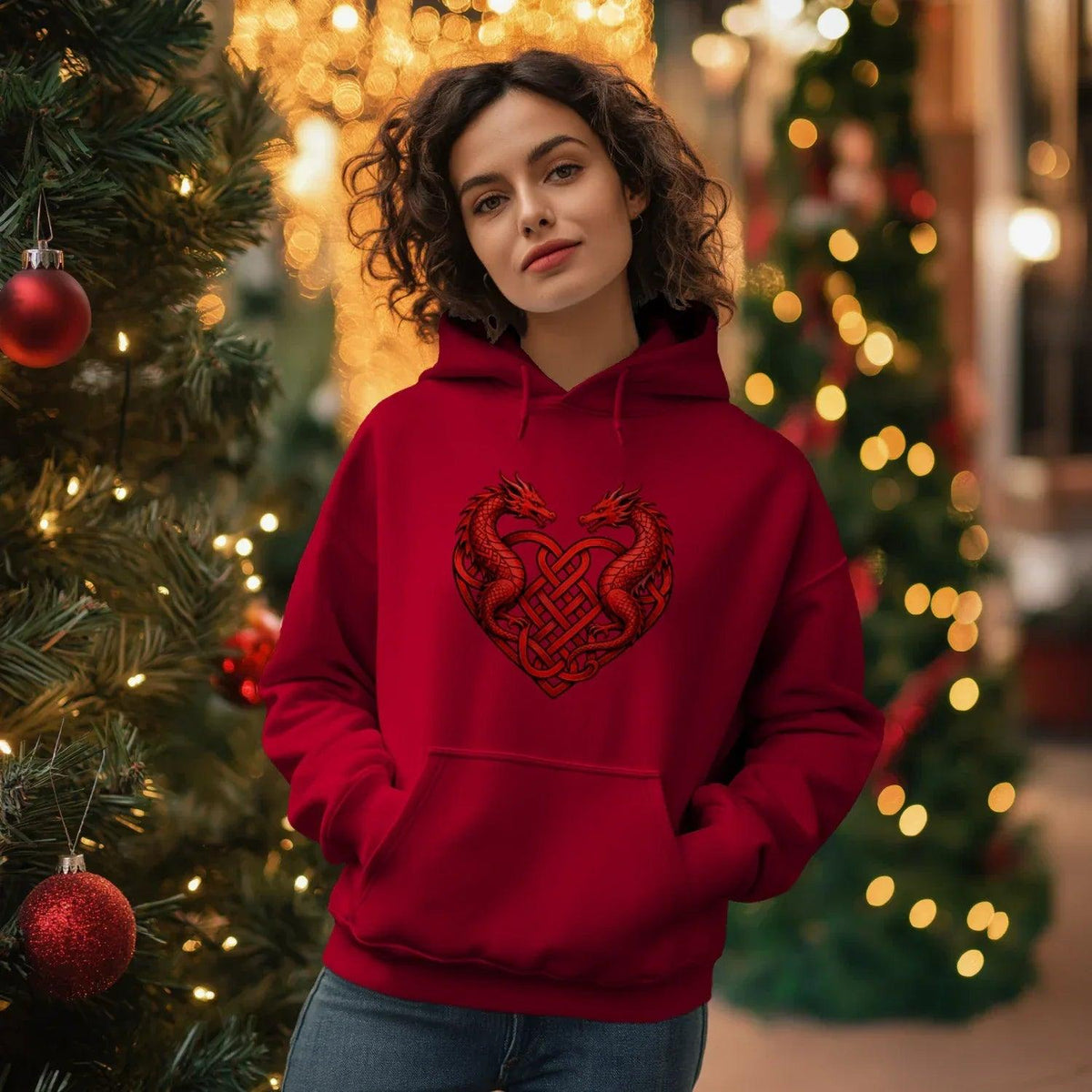 Welsh Dragon Hoodie - Red Heart Emblem Drawstring Unisex - Celtic Wolfwear
