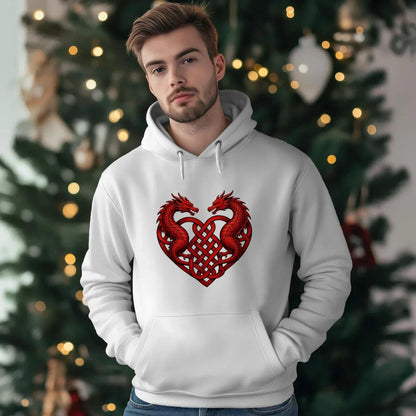 Welsh Dragon Hoodie - Red Heart Emblem Drawstring Unisex - Celtic Wolfwear