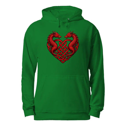 Welsh Dragon Hoodie - Red Heart Emblem Drawstring Unisex - Celtic Wolfwear