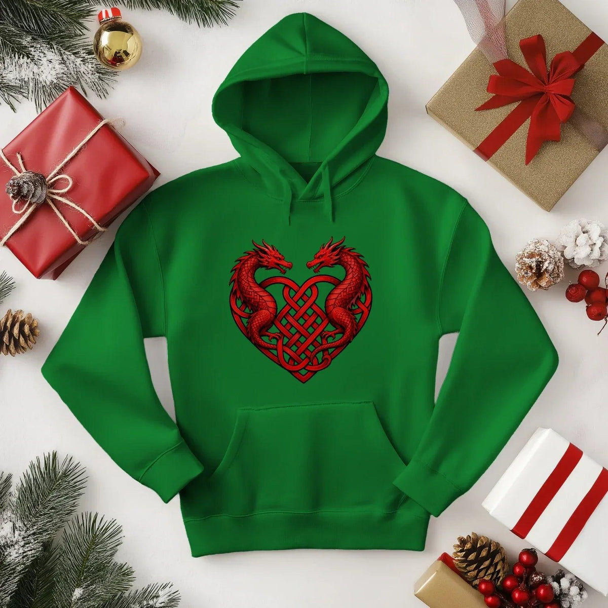 Welsh Dragon Hoodie - Red Heart Emblem Drawstring Unisex - Celtic Wolfwear