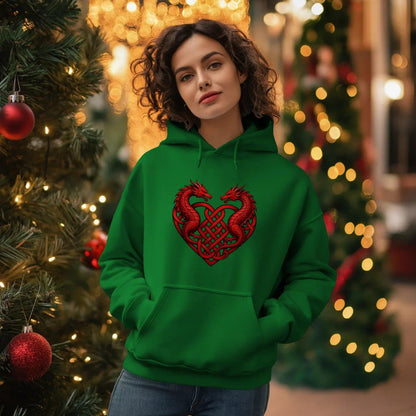 Welsh Dragon Hoodie - Red Heart Emblem Drawstring Unisex - Celtic Wolfwear