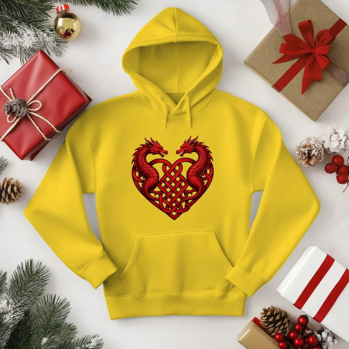 Welsh Dragon Hoodie - Red Heart Emblem Drawstring Unisex - Celtic Wolfwear