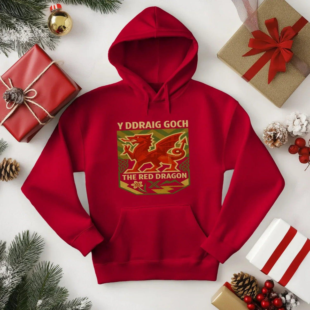 Welsh Dragon Hoodie - Y Ddraig Goch Crest Unisex Streetwear - Celtic Wolfwear