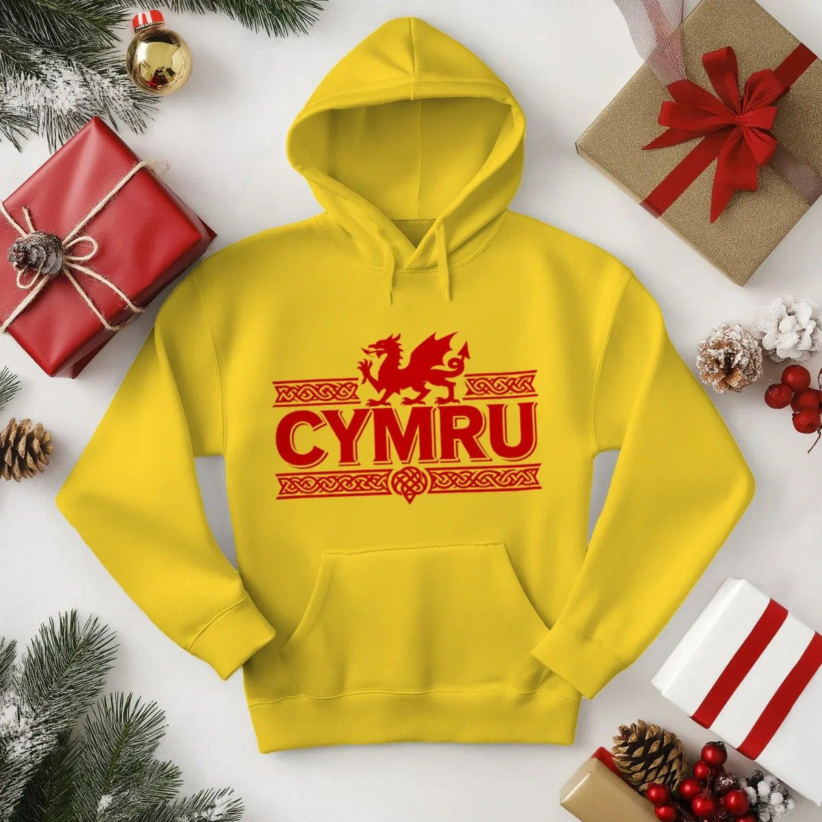 Welsh Dragon Hoodie - Yellow Heritage Unisex Streetwear - Celtic Wolfwear