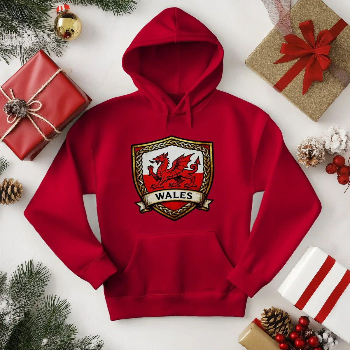 Welsh Dragon Shield Hoodie – Heritage Badge Pullover - Celtic Wolfwear