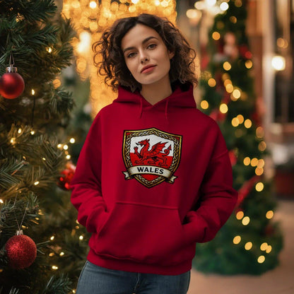 Welsh Dragon Shield Hoodie – Heritage Badge Pullover - Celtic Wolfwear