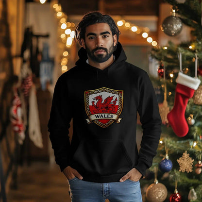 Welsh Dragon Shield Hoodie – Heritage Badge Pullover - Celtic Wolfwear