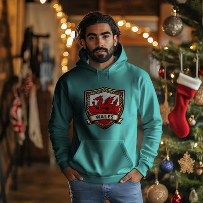 Welsh Dragon Shield Hoodie – Heritage Badge Pullover - Celtic Wolfwear