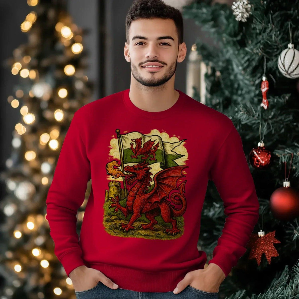 Welsh Dragon Sweatshirt - Distressed Red Large, Unisex - Celtic Wolfwear