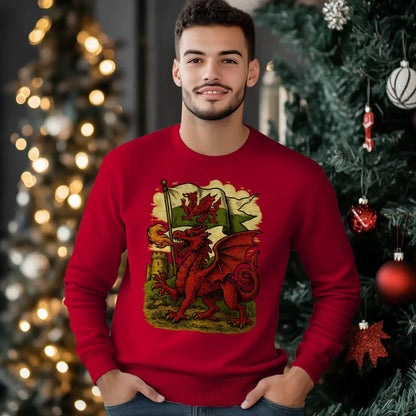 Welsh Dragon Sweatshirt - Distressed Red Large, Unisex - Celtic Wolfwear