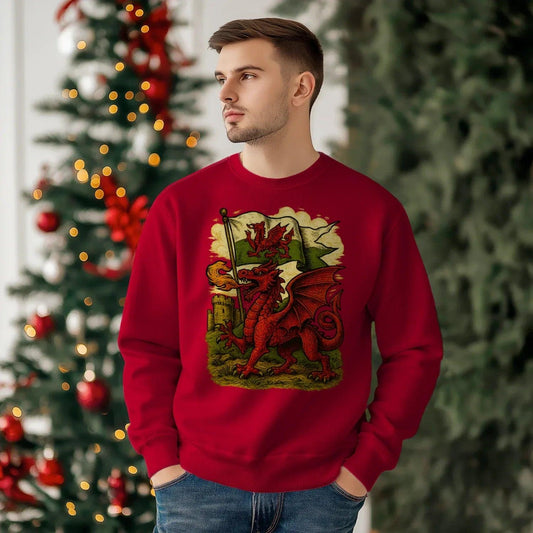 Welsh Dragon Sweatshirt - Distressed Red Large, Unisex - Celtic Wolfwear