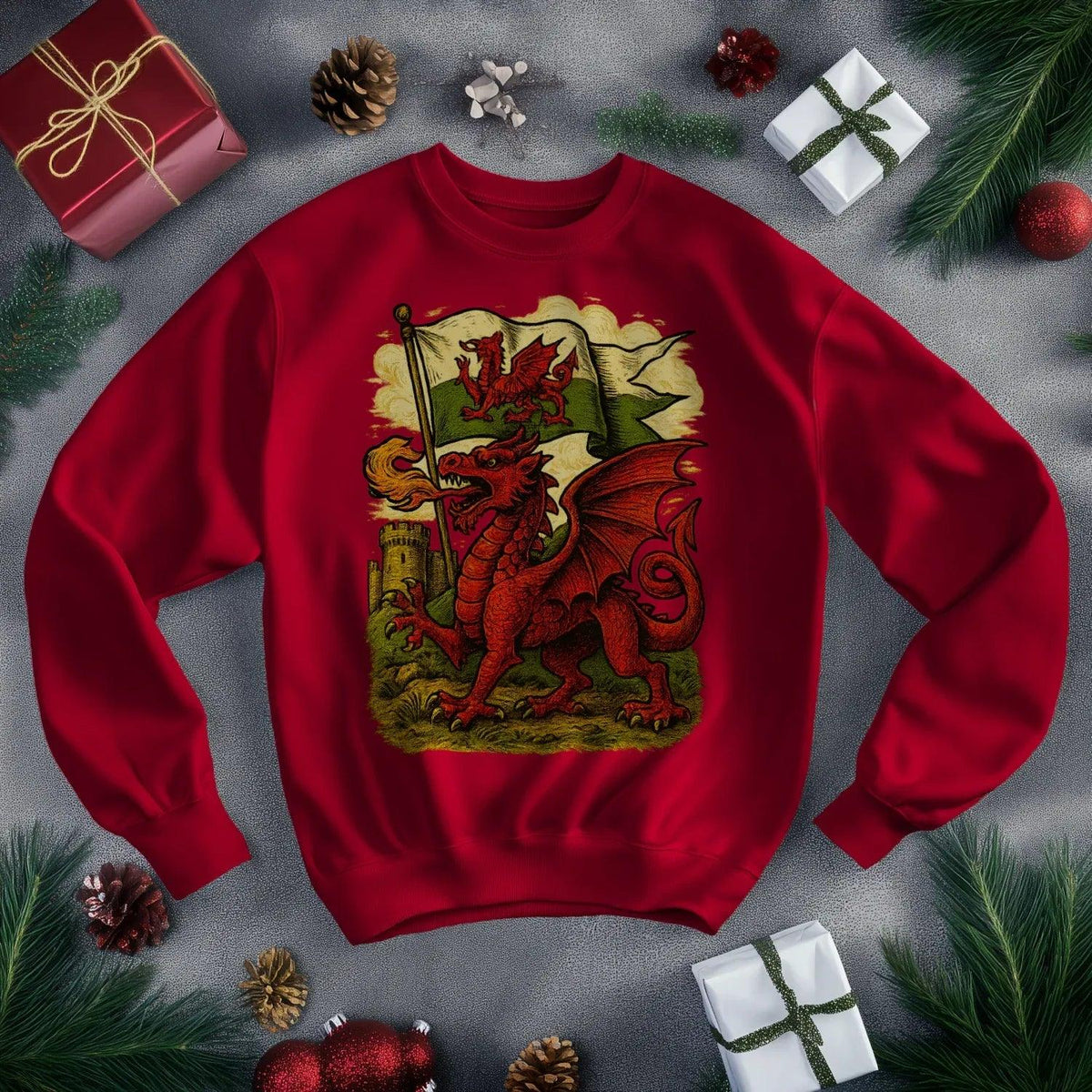 Welsh Dragon Sweatshirt - Distressed Red Large, Unisex - Celtic Wolfwear
