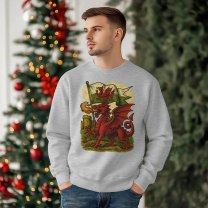 Welsh Dragon Sweatshirt - Distressed Red Large, Unisex - Celtic Wolfwear