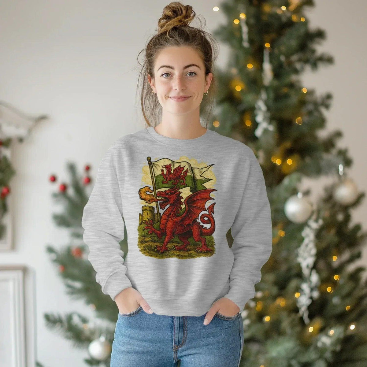 Welsh Dragon Sweatshirt - Distressed Red Large, Unisex - Celtic Wolfwear