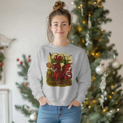 Welsh Dragon Sweatshirt - Distressed Red Large, Unisex - Celtic Wolfwear