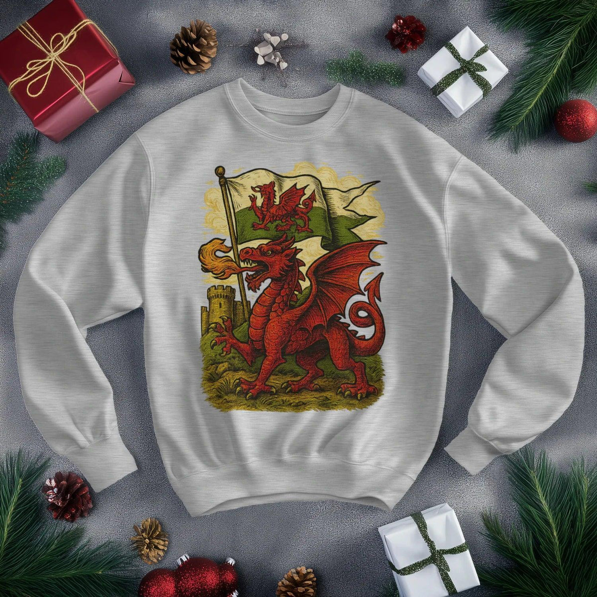 Welsh Dragon Sweatshirt - Distressed Red Large, Unisex - Celtic Wolfwear