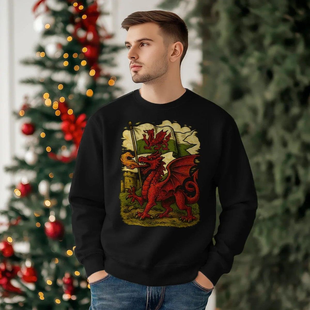 Welsh Dragon Sweatshirt - Distressed Red Large, Unisex - Celtic Wolfwear