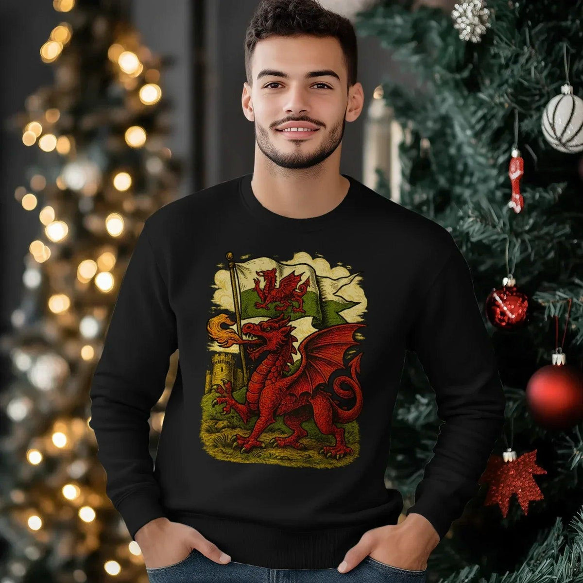 Welsh Dragon Sweatshirt - Distressed Red Large, Unisex - Celtic Wolfwear