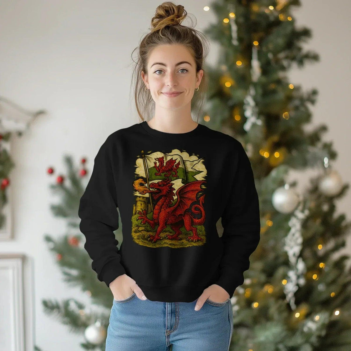 Welsh Dragon Sweatshirt - Distressed Red Large, Unisex - Celtic Wolfwear