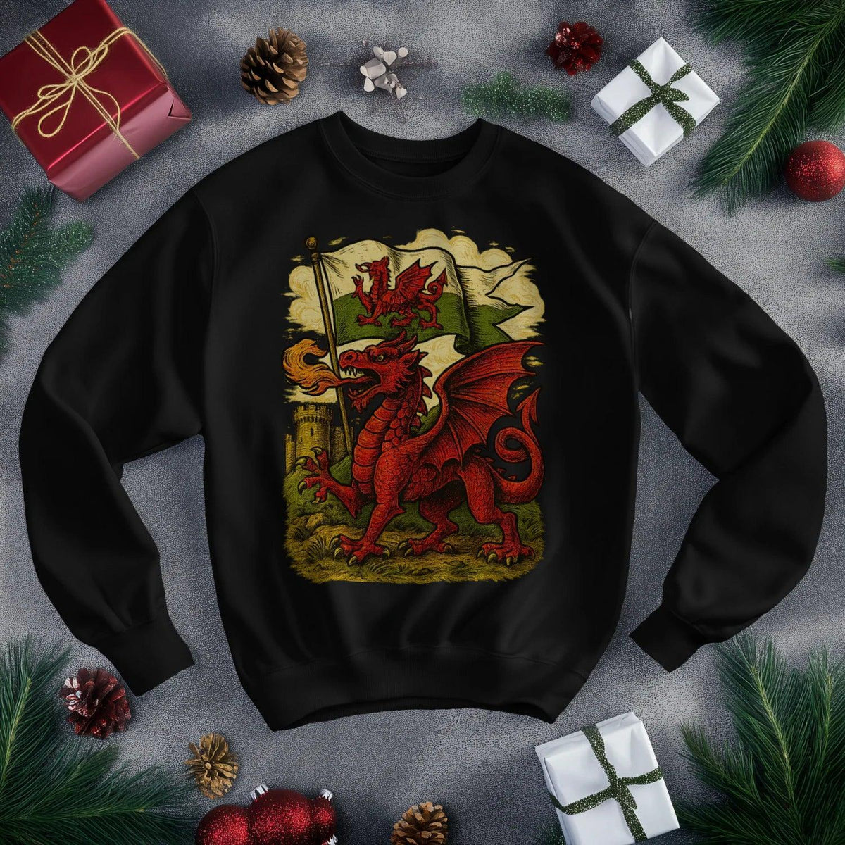 Welsh Dragon Sweatshirt - Distressed Red Large, Unisex - Celtic Wolfwear