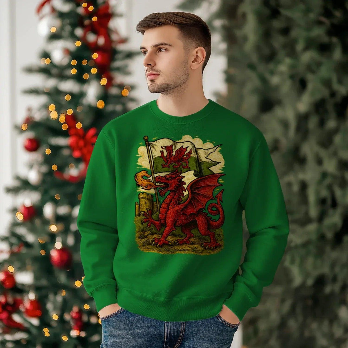 Welsh Dragon Sweatshirt - Distressed Red Large, Unisex - Celtic Wolfwear