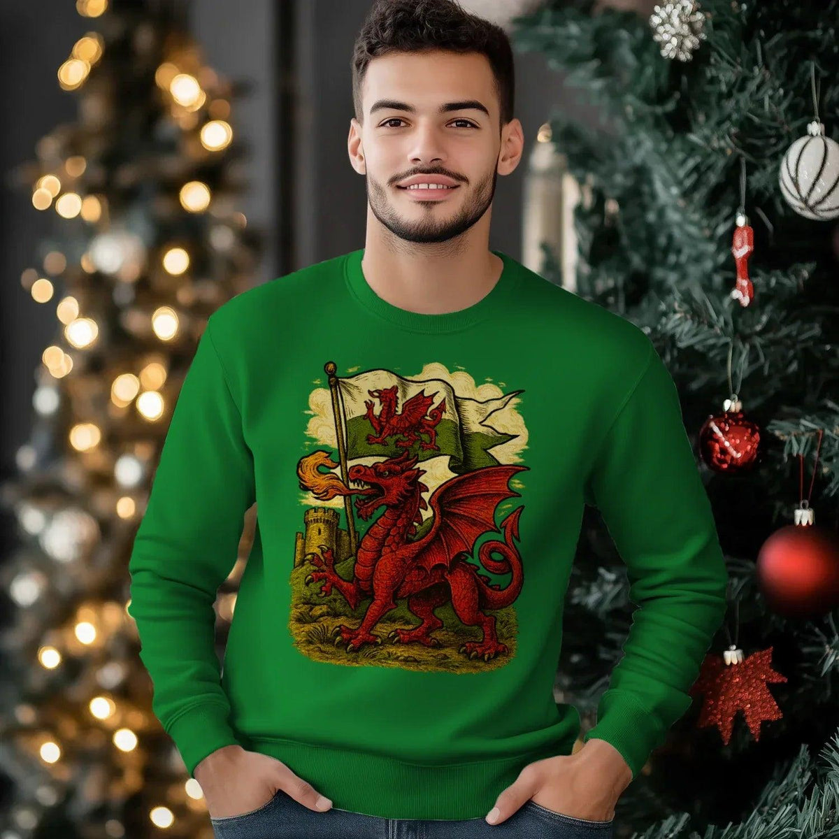 Welsh Dragon Sweatshirt - Distressed Red Large, Unisex - Celtic Wolfwear