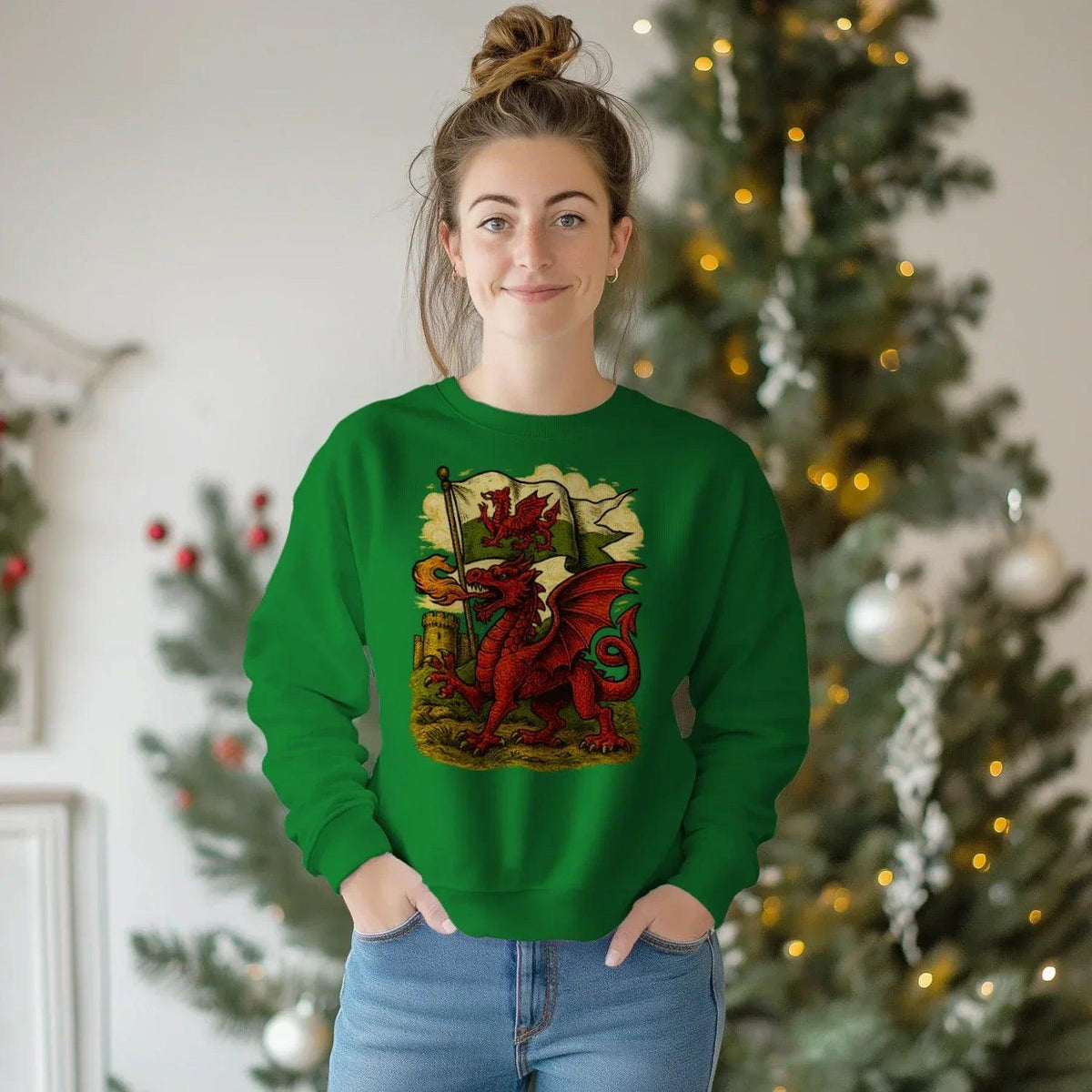 Welsh Dragon Sweatshirt - Distressed Red Large, Unisex - Celtic Wolfwear