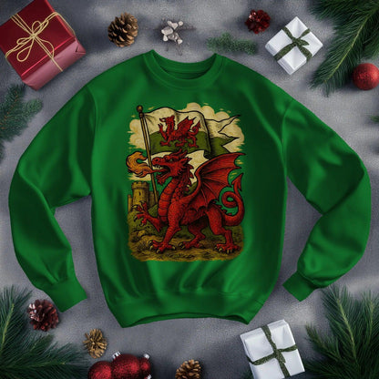 Welsh Dragon Sweatshirt - Distressed Red Large, Unisex - Celtic Wolfwear