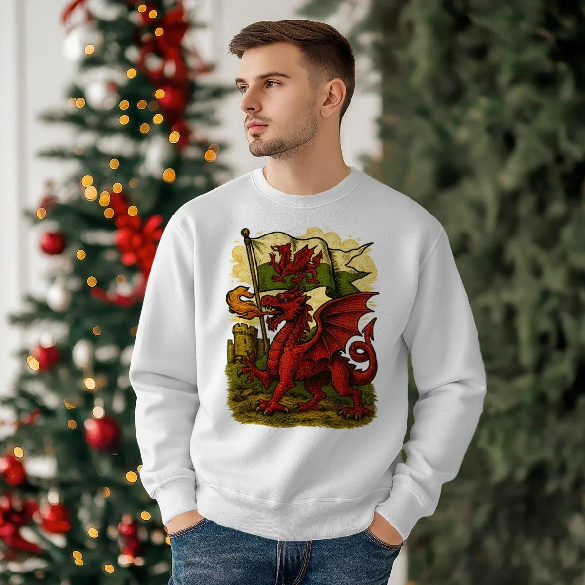 Welsh Dragon Sweatshirt - Distressed Red Large, Unisex - Celtic Wolfwear