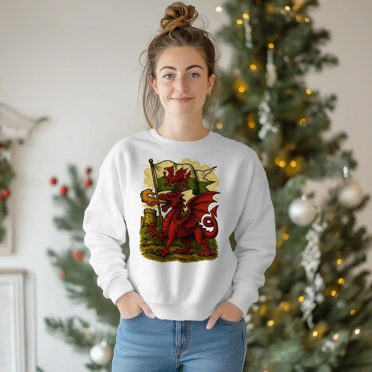 Welsh Dragon Sweatshirt - Distressed Red Large, Unisex - Celtic Wolfwear