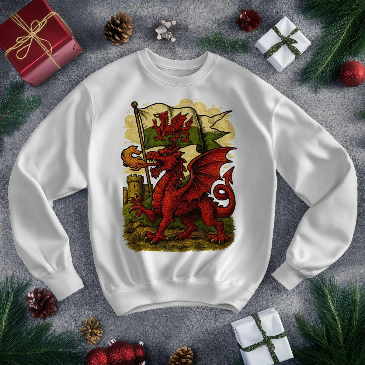 Welsh Dragon Sweatshirt - Distressed Red Large, Unisex - Celtic Wolfwear