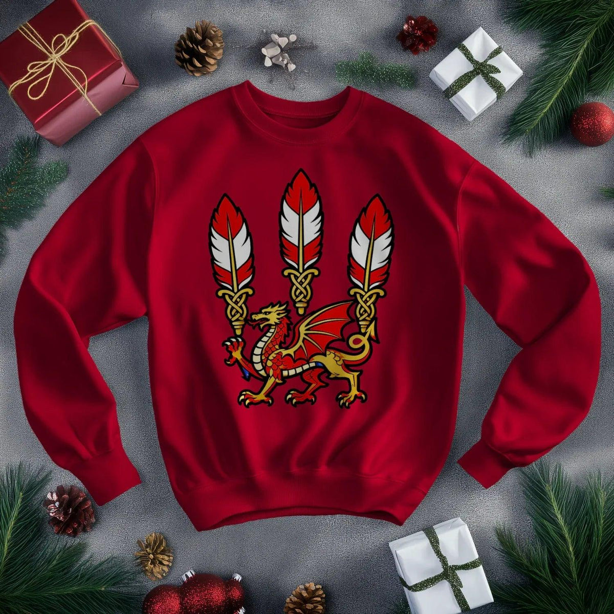 Welsh Dragon Sweatshirt - Feathered Triskel, Unisex - Celtic Wolfwear