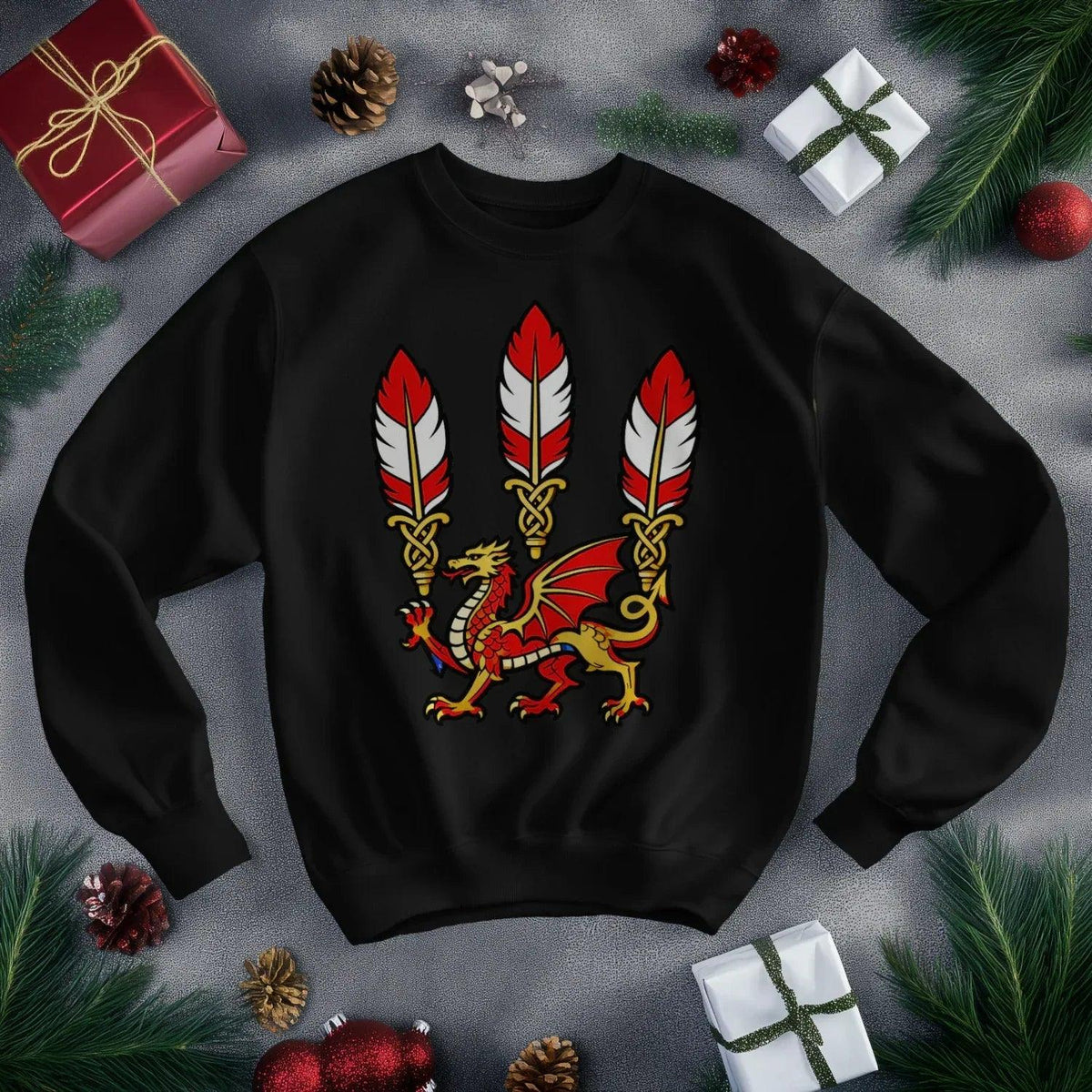 Welsh Dragon Sweatshirt - Feathered Triskel, Unisex - Celtic Wolfwear