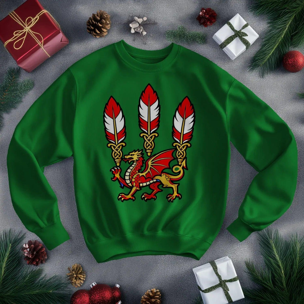 Welsh Dragon Sweatshirt - Feathered Triskel, Unisex - Celtic Wolfwear