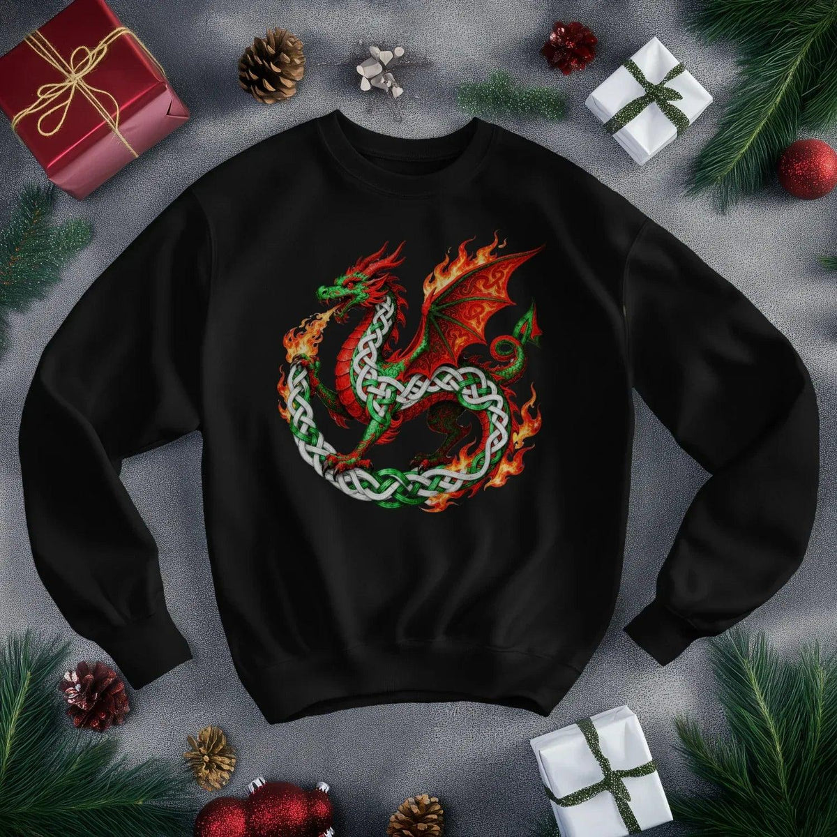 Welsh Dragon Sweatshirt - Flaming Ouroboros, Unisex - Celtic Wolfwear