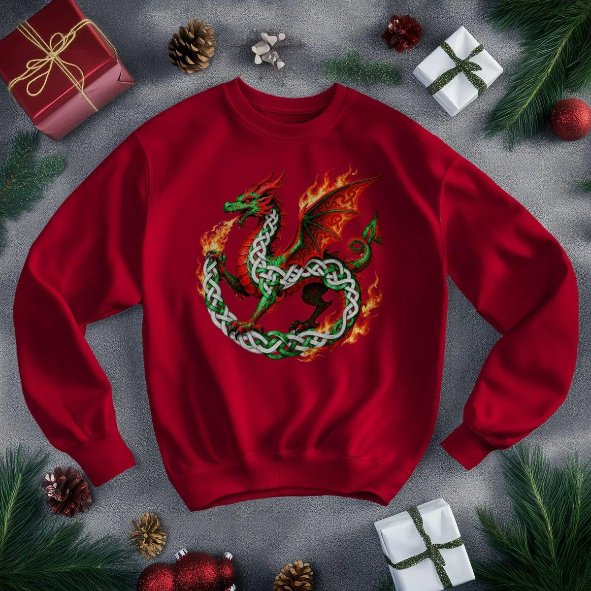 Welsh Dragon Sweatshirt - Flaming Ouroboros, Unisex - Celtic Wolfwear