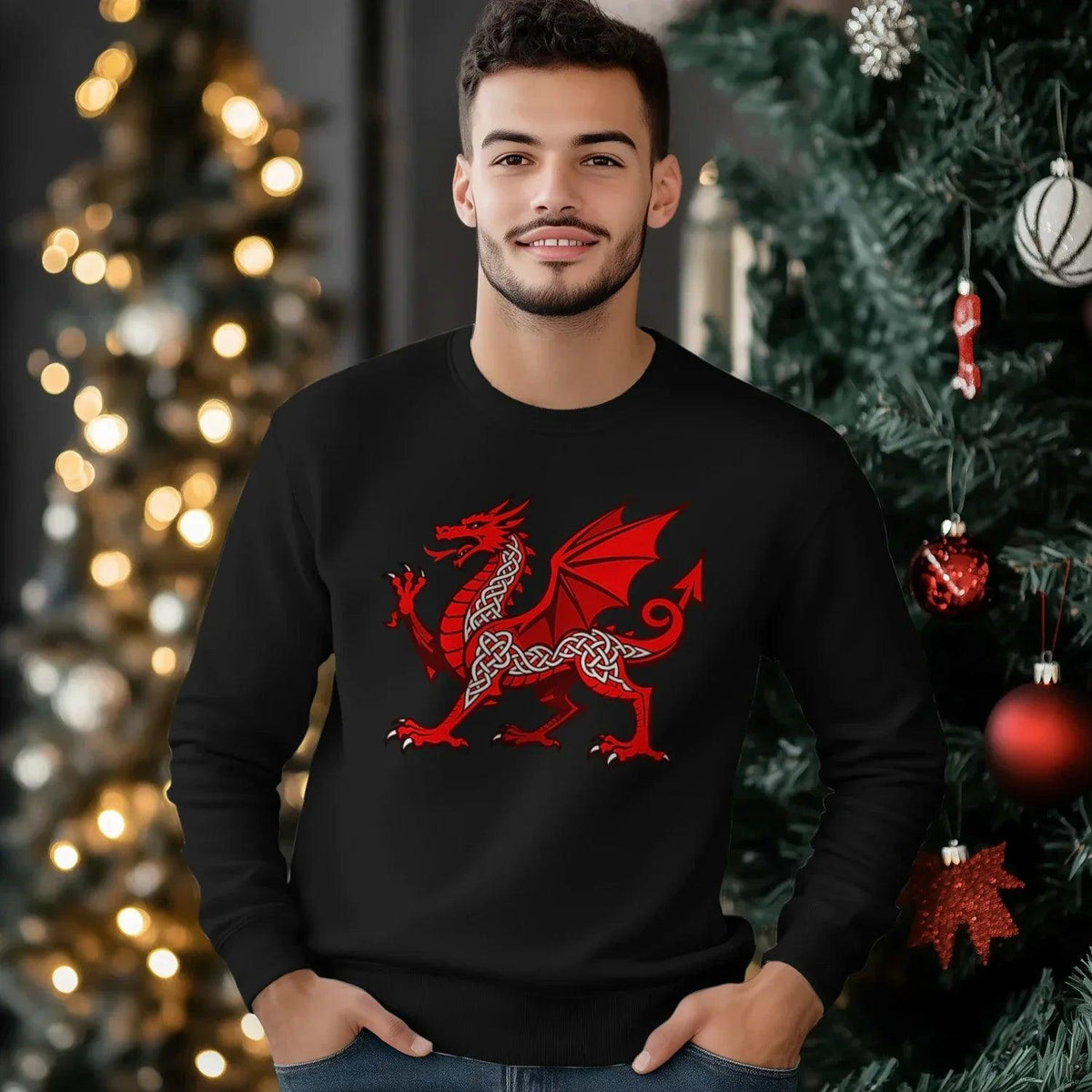 Welsh Dragon Sweatshirt - Red Crew Black Unisex Streetwear - Celtic Wolfwear