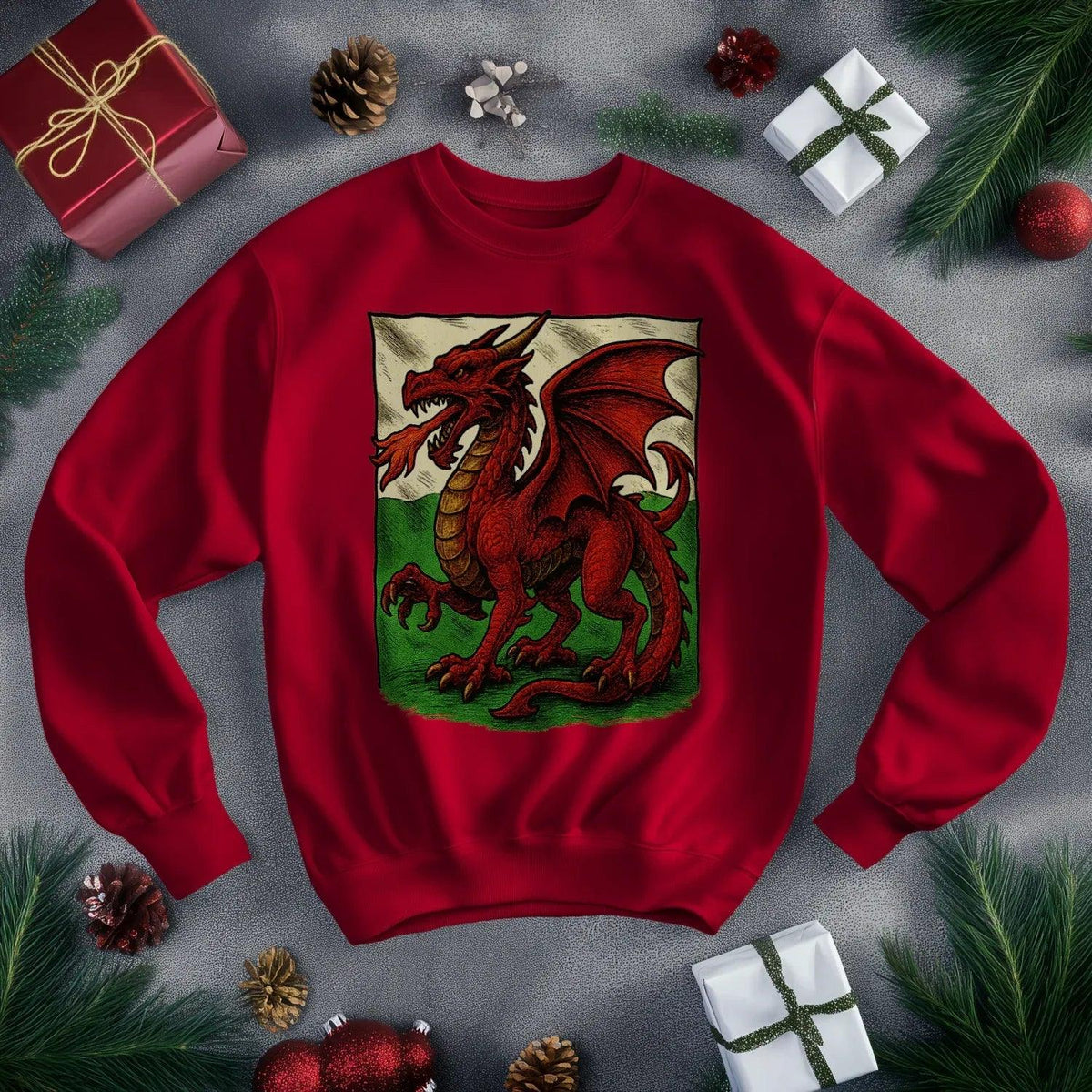 Welsh Dragon Sweatshirt - Red Long Sleeve Celtics Unisex - Celtic Wolfwear