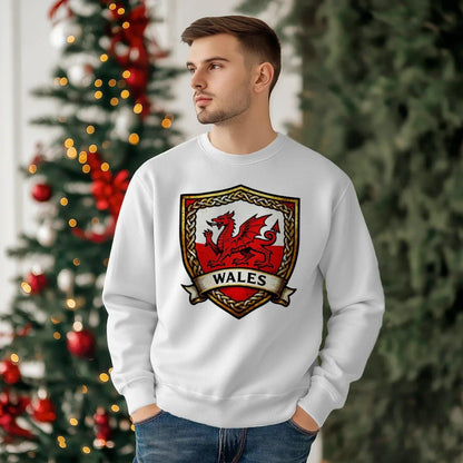 Welsh Dragon Sweatshirt - Shield Crest Heraldic Crew Style - Celtic Wolfwear